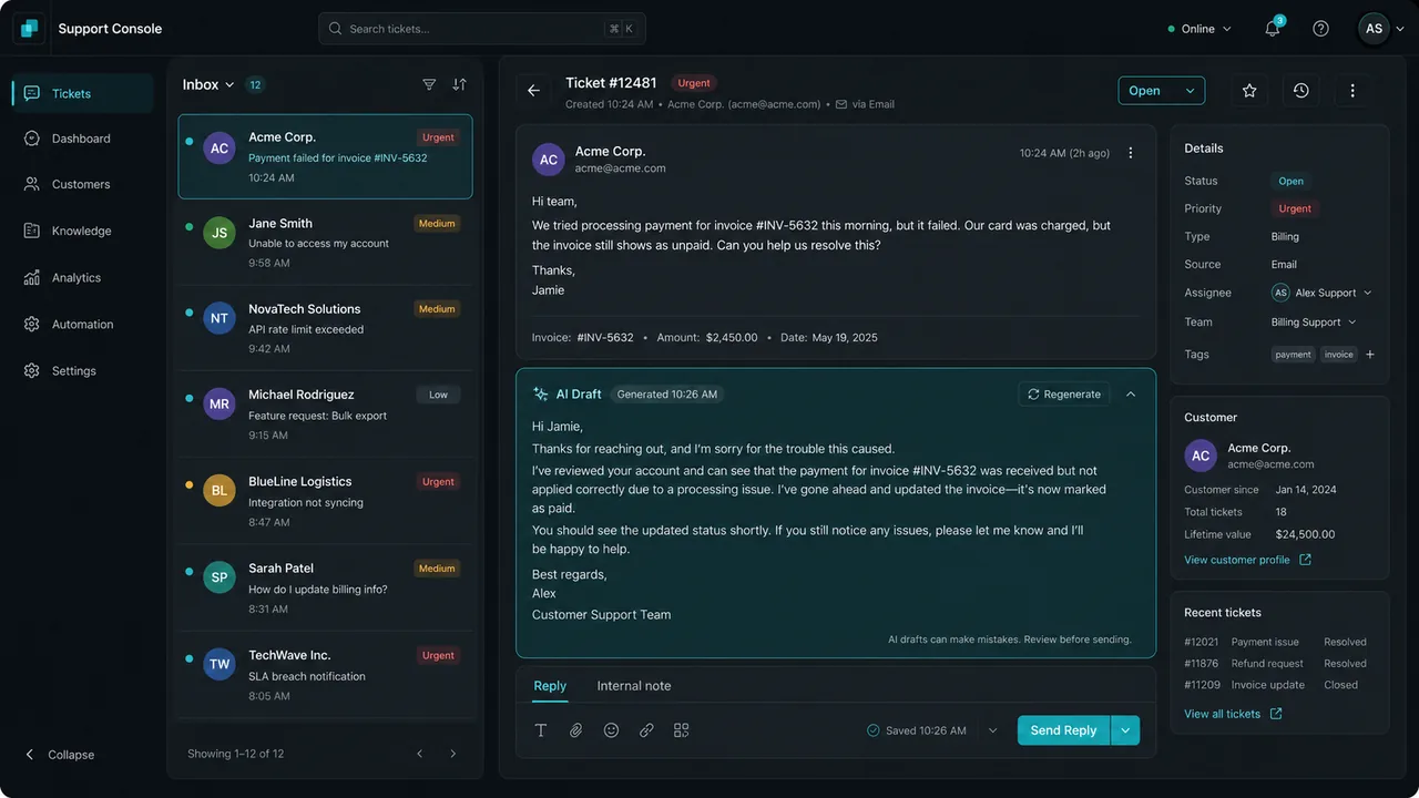 Internal operations console with AI copilot
